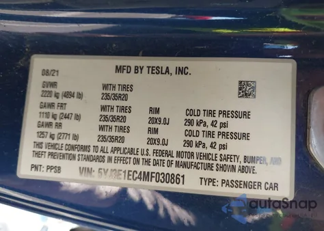 2021 Tesla Model 3 Performance Dual Motor All-Wheel Drive from USA, damaged, VIN 5YJ3E1EC4MF030861
